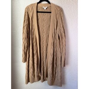 Talbots Woman 1X Camel Tan Cable Knit Cashmere Blend Open Front Long Cardigan